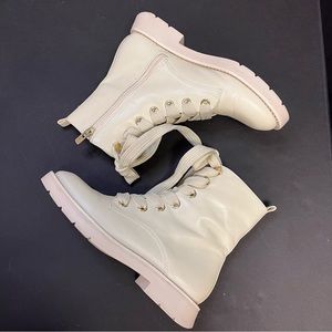 Antonio Melani Peyytonn Cream Leather Combat Bootie with Rhinestones